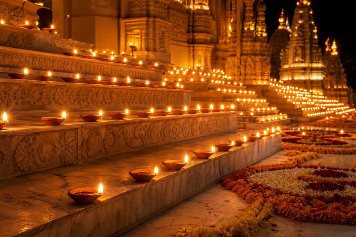 Diwali oil lamps and lights at the temple